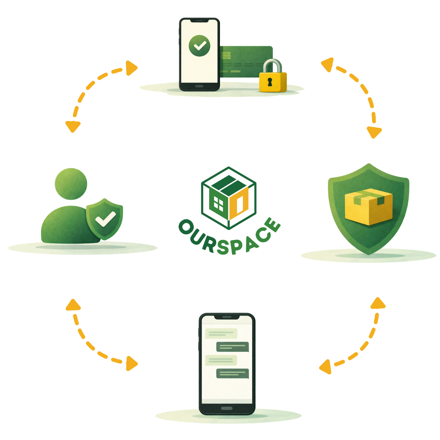 OurSpace logo surrounded by icons for verified users, secure payments, and protected storage