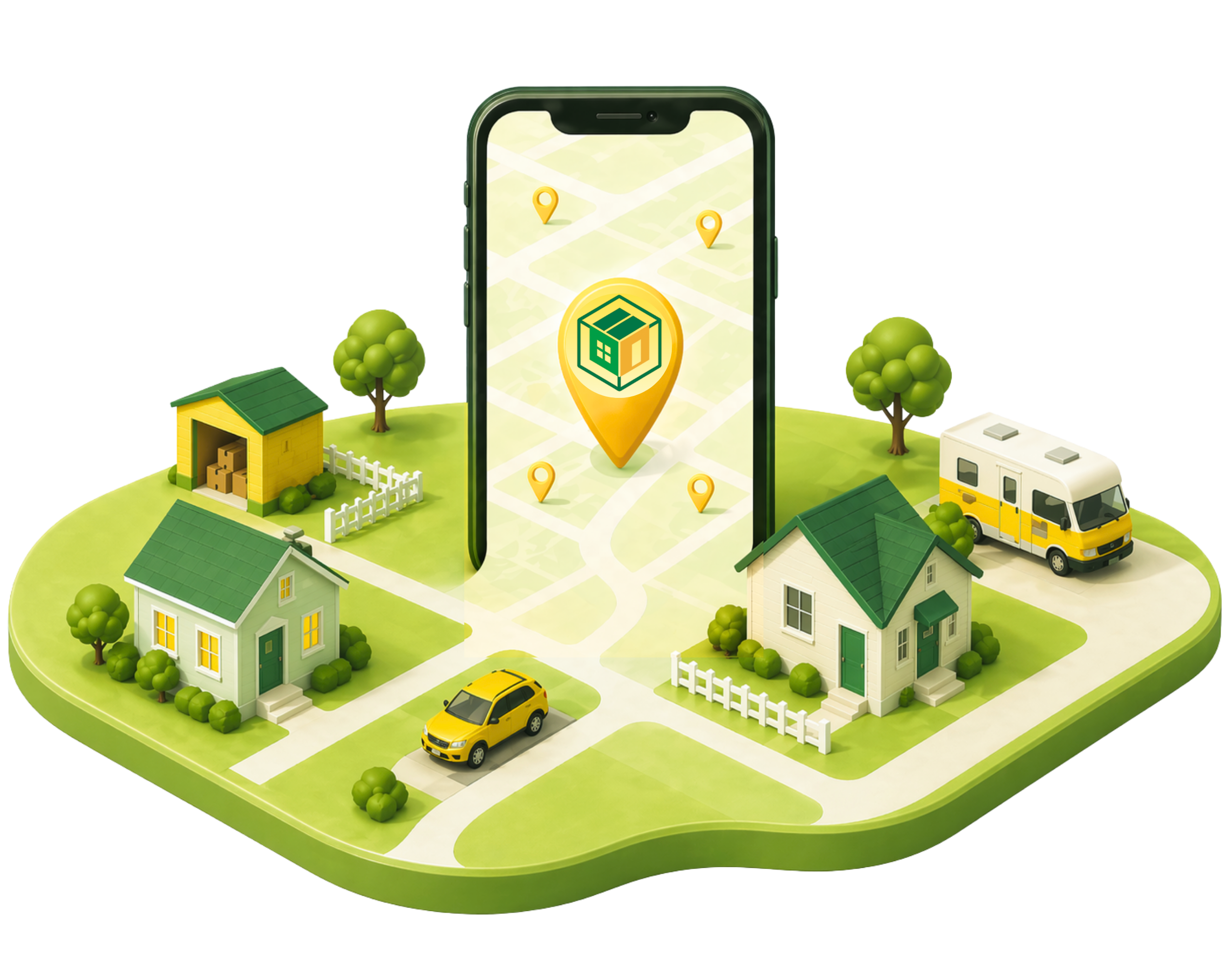 Neighborhood map with a phone showing OurSpace pin locations among homes, driveways, and vehicles