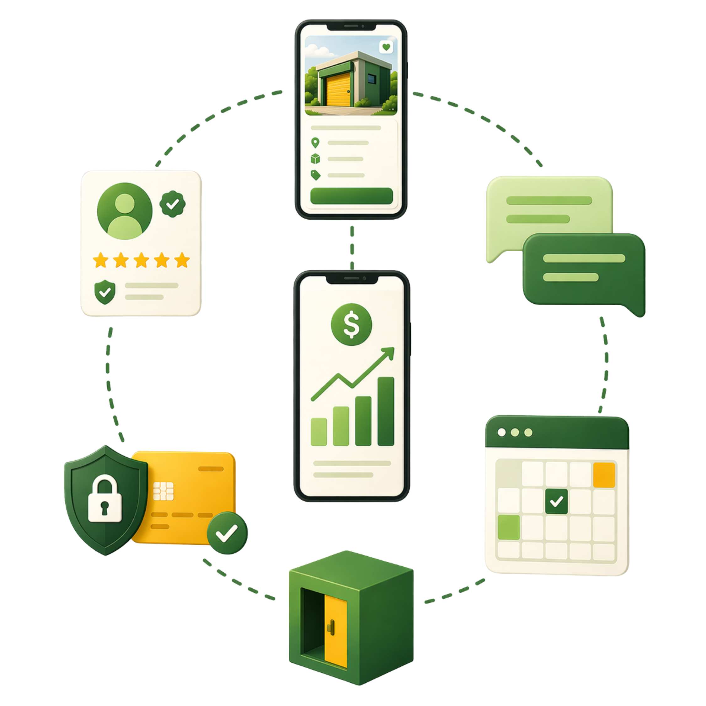 OurSpace host cycle diagram showing listing, earnings, messaging, security, and calendar booking icons