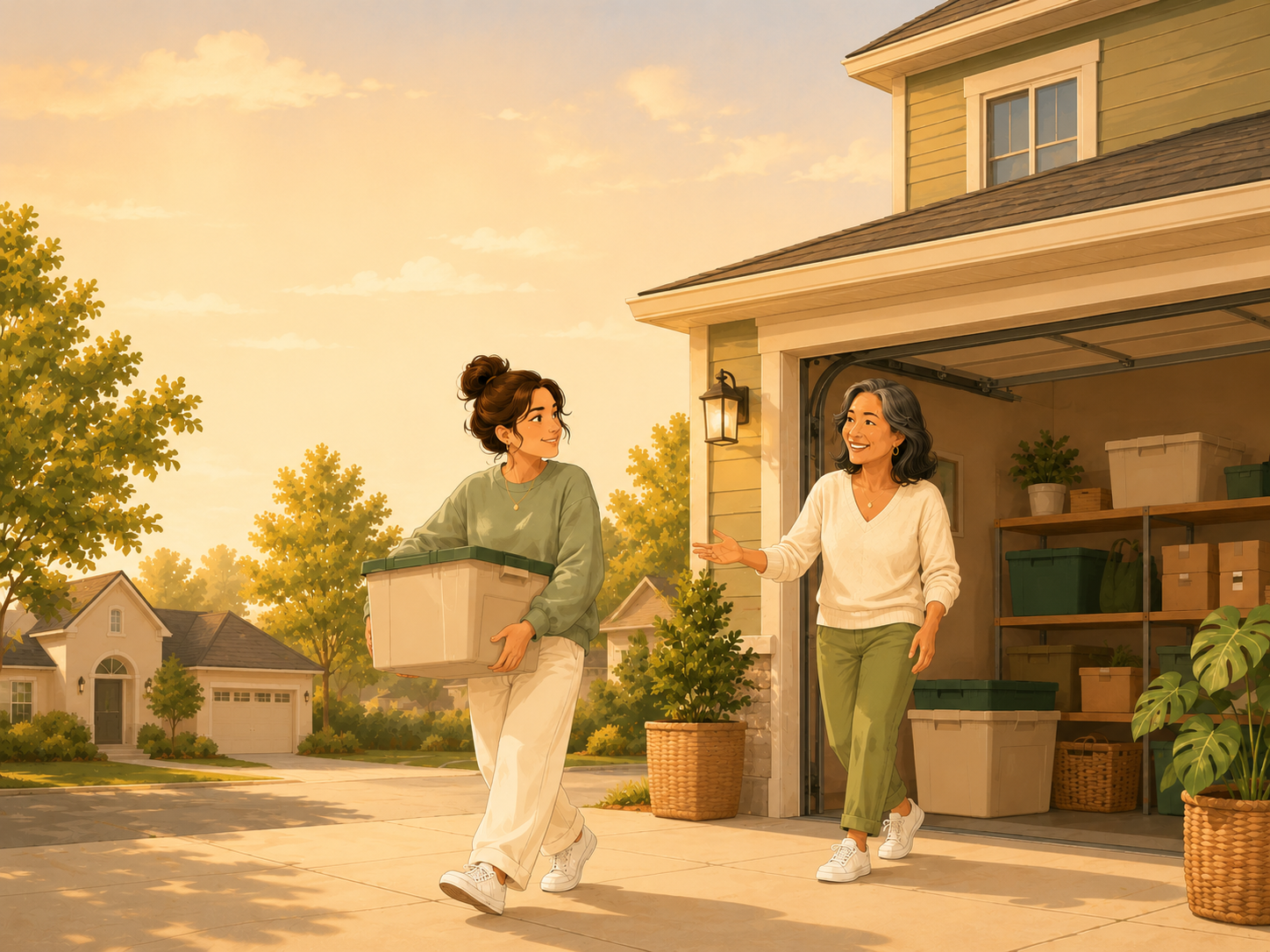 Illustration of two neighbours using a clean garage storage space during golden hour
